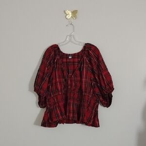 Old Navy Red V Neck Plaid Preppy Coquette Feminine Casual Peasant Style Top